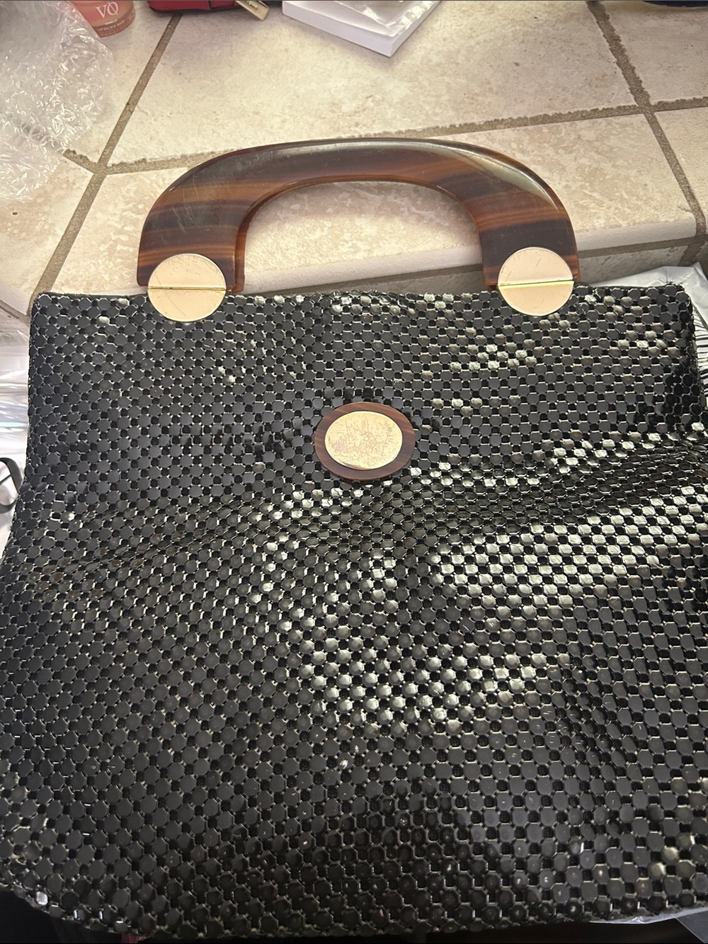 Whiting & Davis Black Woven Satchel with Wood-Tone Handle and Gold Accents